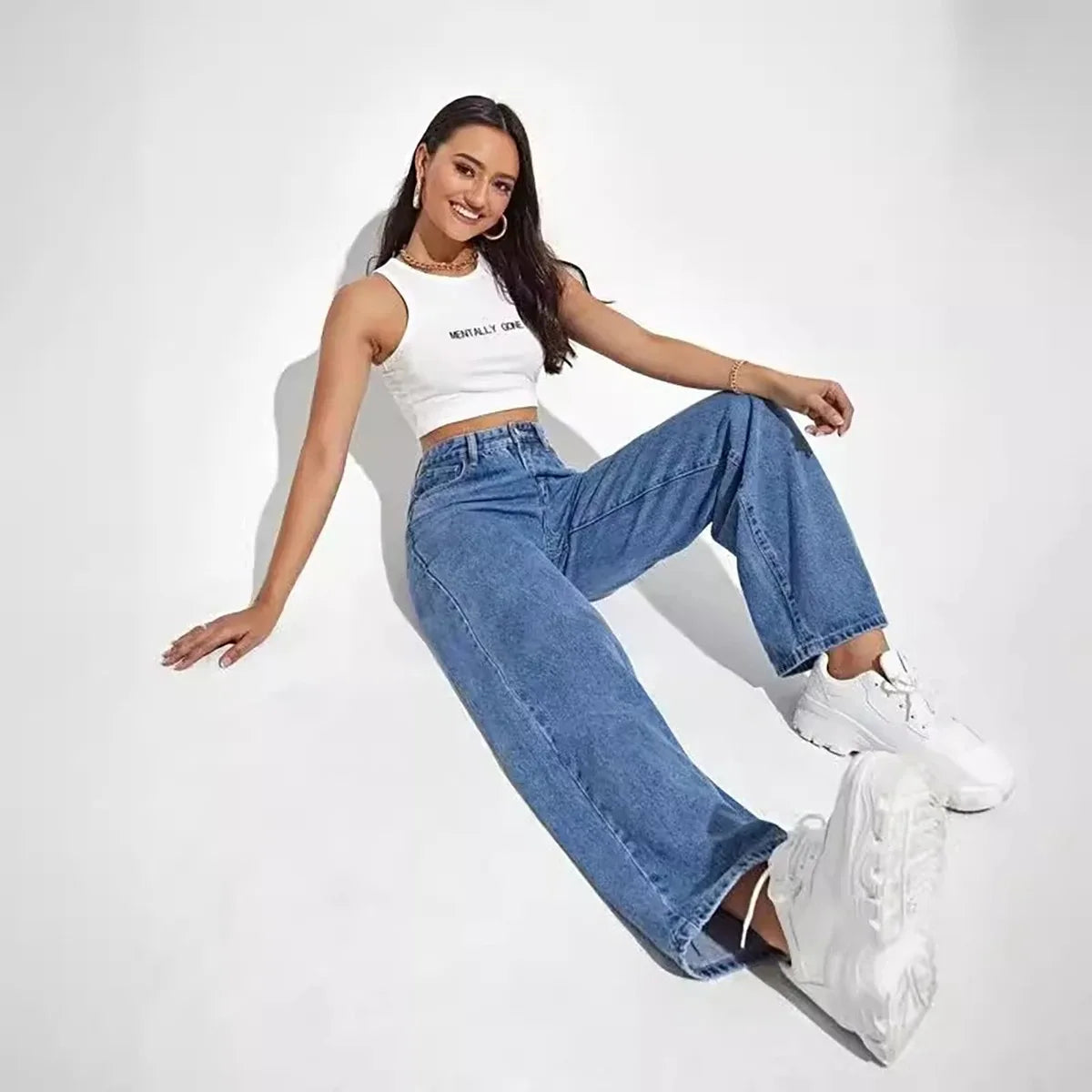 Mode Retro Blue Jeans Damen Y2K High Street Baggy gerade Hose Hoch taillierte All-in-One-dünne Hose