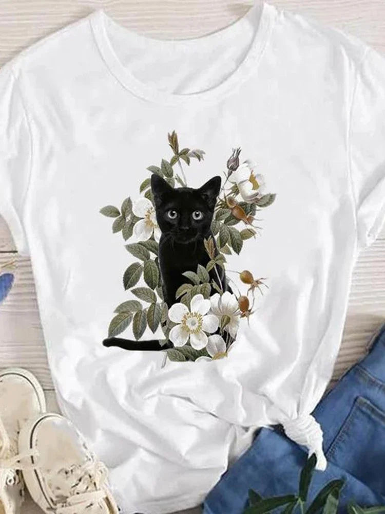 Frauen Dame Übergroßen T-shirt Tees Weibliche Koreanische Mode Sommer Kurzarm Cartoon Print Grafik Kleidung Tops Nette Katze Tier