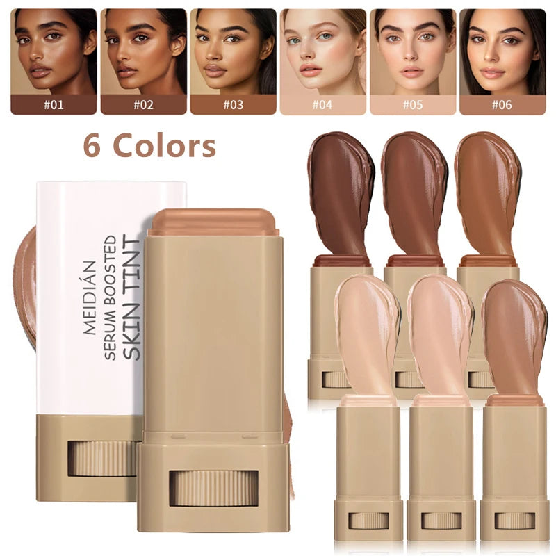 Hautfarbener Foundation-Stick in 6 Farben mit Serum-Boost, Seidiger Textur, Feuchtigkeitsspendende Abdeckung, Concealer-Basis, Gesichtskontur-Stick Make-up
