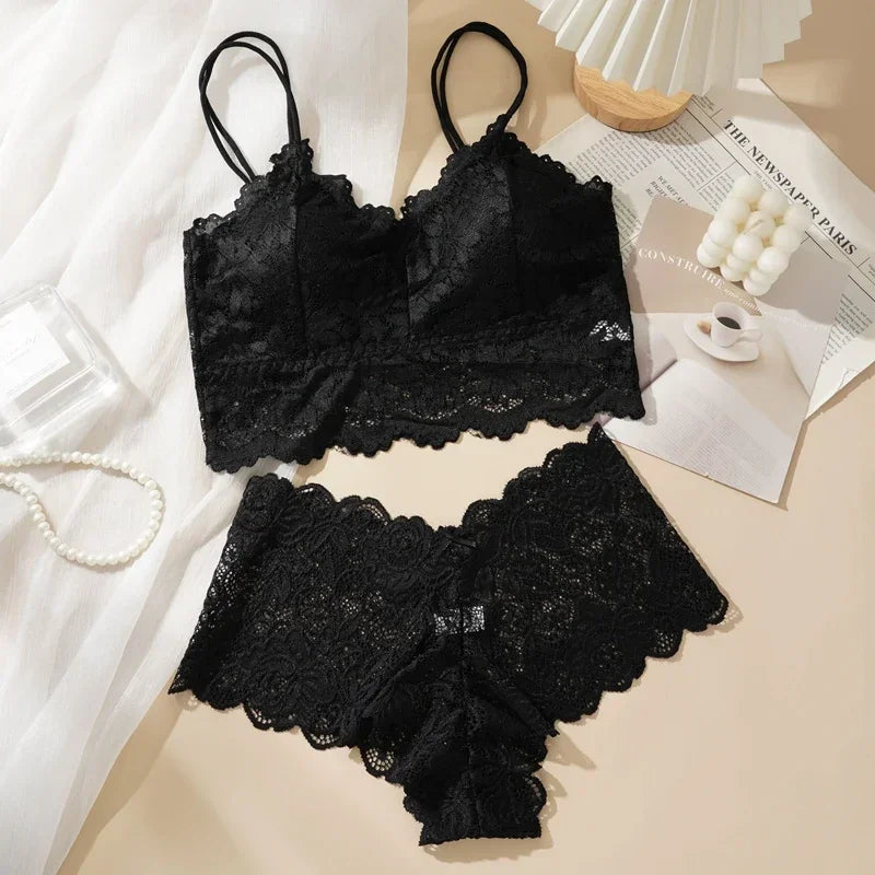 Damen Sexy Spitzen-BH-Set Einfarbiges Set Schöner Rückenausschnitt Ohne Stahlring Unterwäsche Mit Spitzenblumen Atmungsaktive Slips
