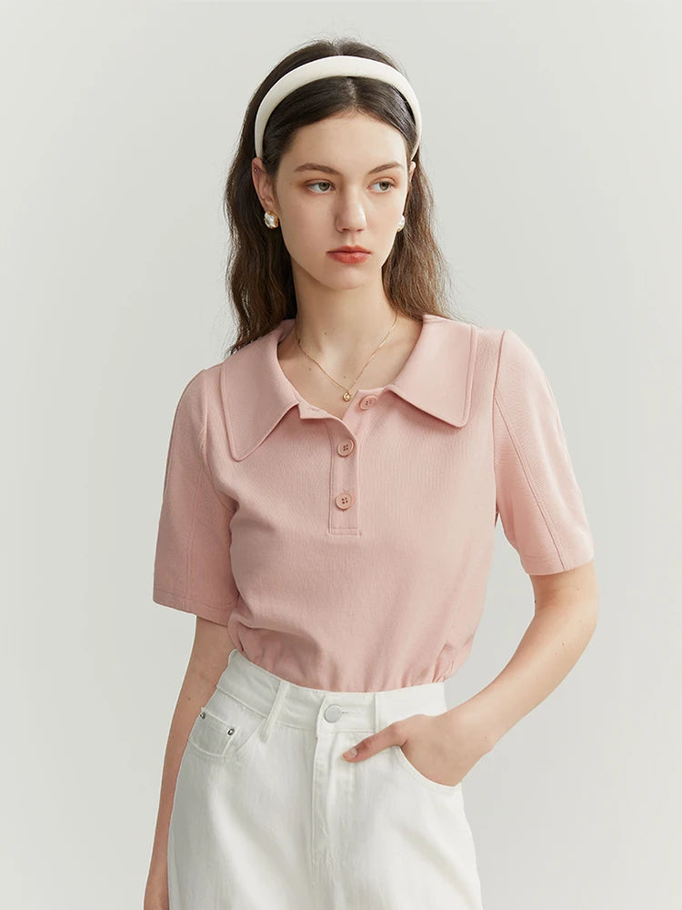 FSLE Frauen T-shirt Lose Kurzarm Baumwolle Hemd Einfarbig Frauen Tops Büro Dame Pendeln Sommer Polo Kragen Tees