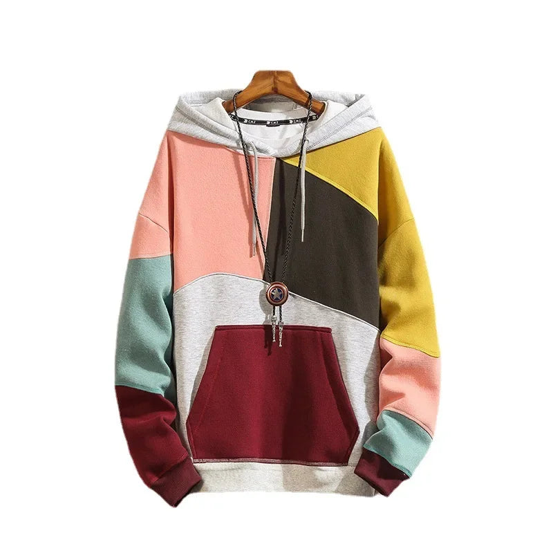 Herbst-Sweatshirt für Herren mit Kapuze, Jugendlicher Farbblock-Design, Locker Geschnittene Modische Jacke im Hongkong-Stil