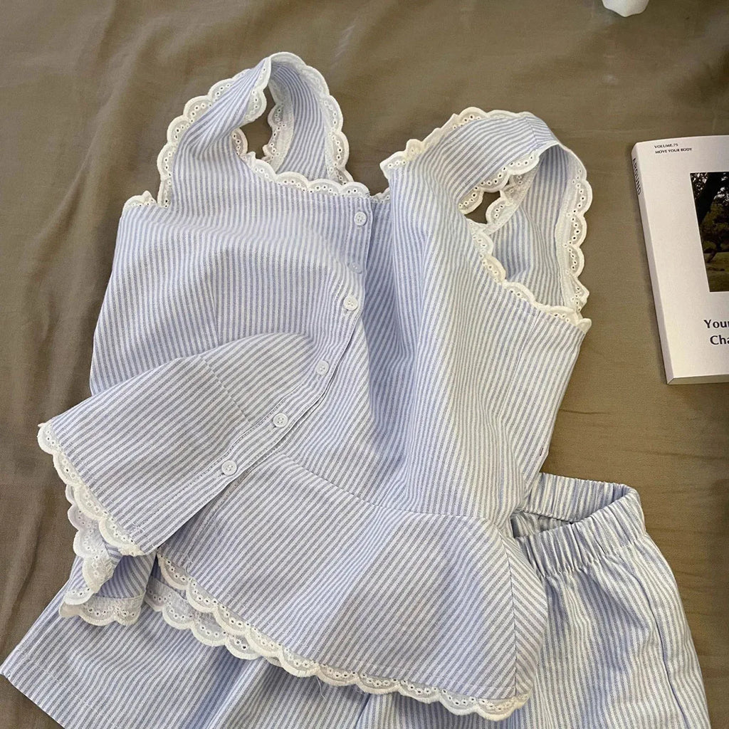 Gestreifte Damen-Pyjamas, Sommer-Nachtwäsche, ärmellose Shorts-Sets, 2-teilig, Spitzen-Nachtwäsche, Tank-Top, koreanischer Schlafanzug für zu Hause