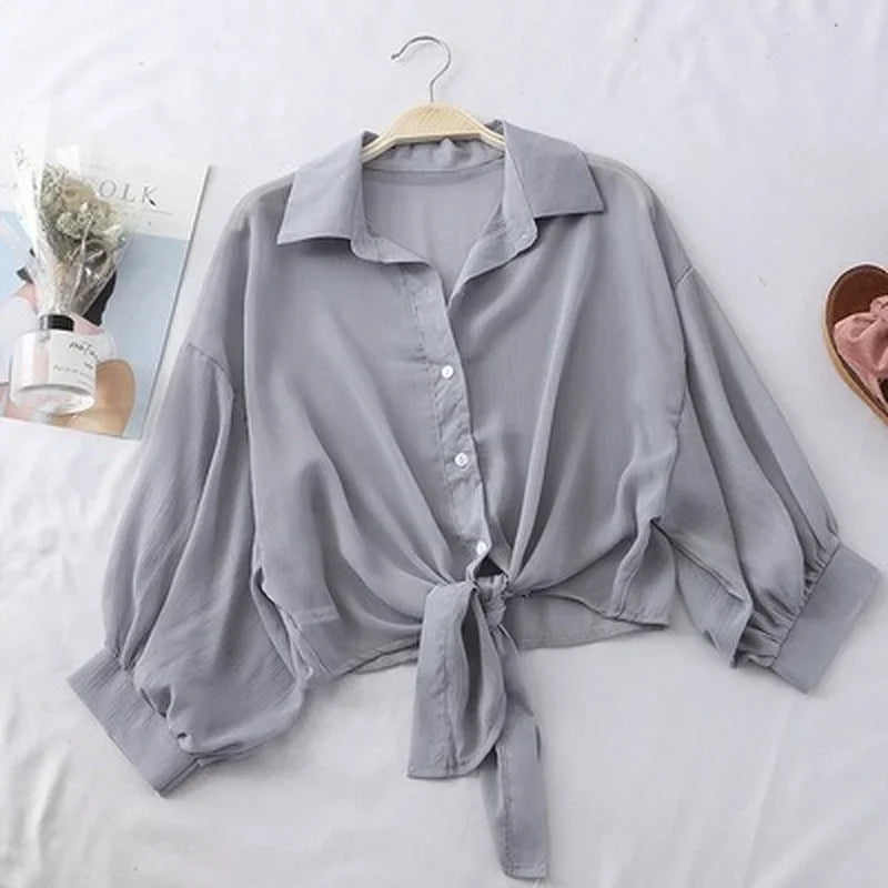 Chiffon-Hemden für Damen, 2022, Sommer, halbe Ärmel, geknöpftes Hemd, lockere lässige Bluse, Krawatte, Taille, elegante Blusen für Damen