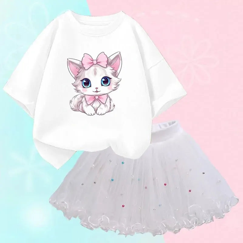 Nette Sommer Mädchen Outfits Cartoon Katze T-shirt und Tutu Rock 2 teil/satz Mädchen Prinzessin Kleidung Anzug Kinder Geburtstag Kleidung