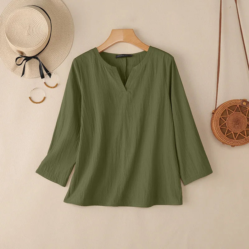 2025ZANZEA Herbst Bluse Frauen V-ausschnitt Langarm Tops Casual Solide Lose Hemd Weibliche OL Arbeit Blusen Retro Tunika Blusas Mujer