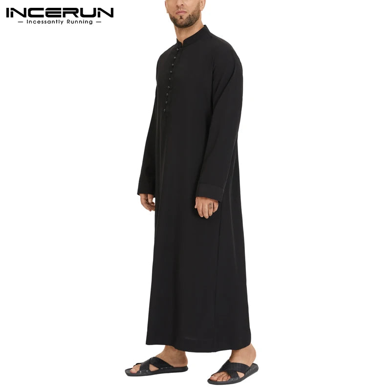 INCERUN Muslimische Männer Jubba Thobe Solide 2024 Langarm Dünne Roben Kaftan Stehkragen Islamische Arabische Mode Männer Kaftan S-5XL