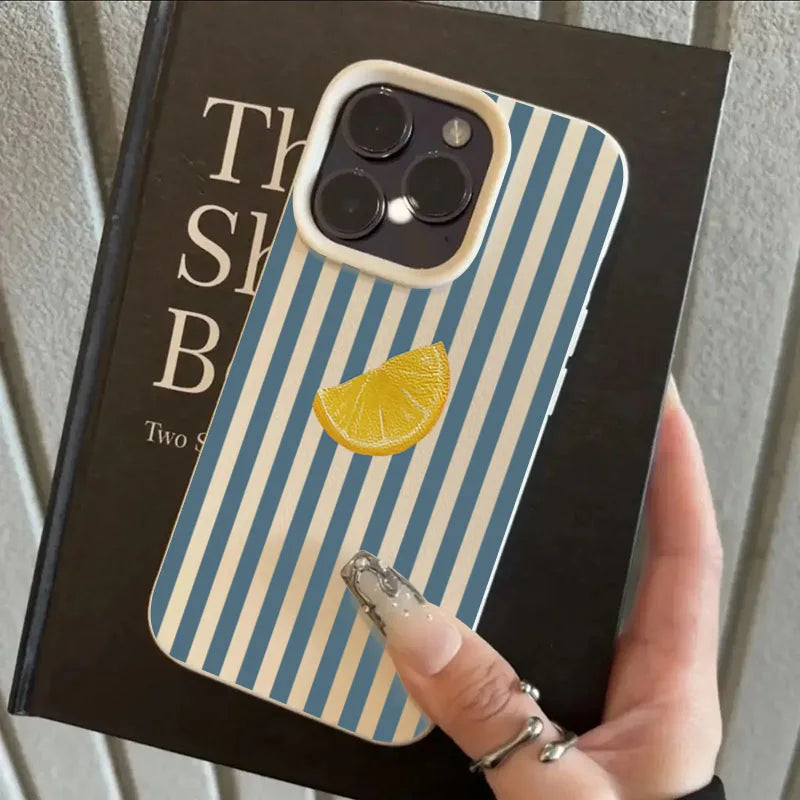 Für iPhone 17 16 15 14 13 12 11 Pro Max Hülle Blau gestreift Zitronenfrisches Muster Cover für iPhone XS X XR 16 Plus 16e Soft Funda
