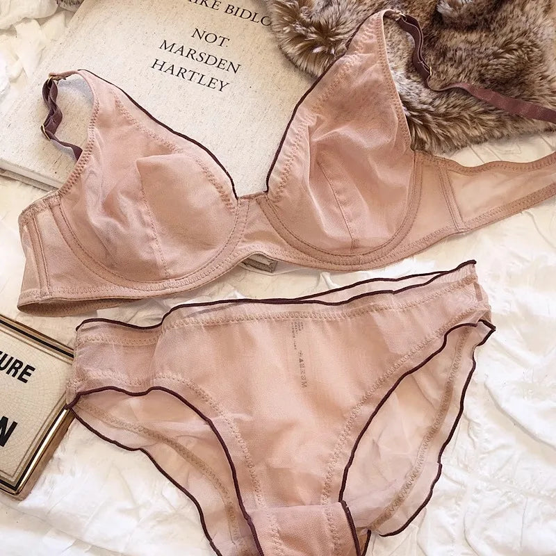 Elegantes Minimizer-BH-Set im französischen Design, modische Dreiecksschalen, strukturelle Unterstützung, ultradünnes, weiches Mesh-Dessous-Set, MOYISU Sexy Tushy