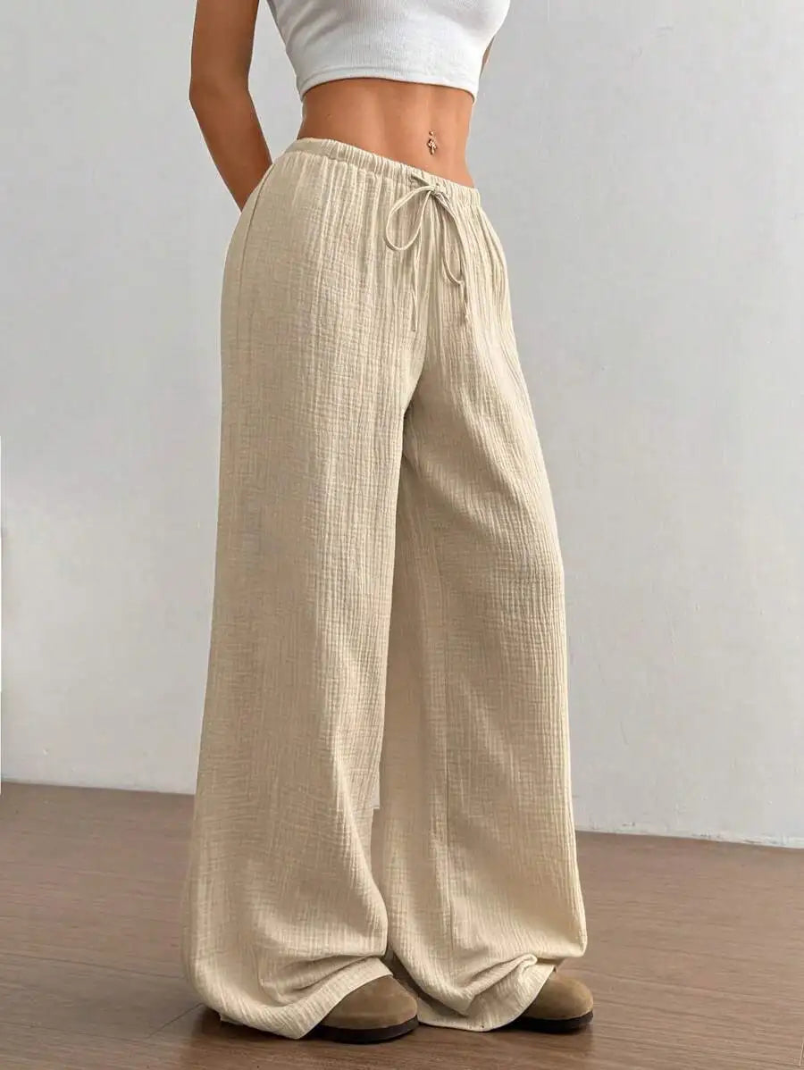 Einfarbige Damen-Freizeithose für Frühling/Herbst mit Kordelzug und geradem Bein, bequem, atmungsaktiv, für Lounge, elegante Reisen, Urlaub, Strand, Freizeithose