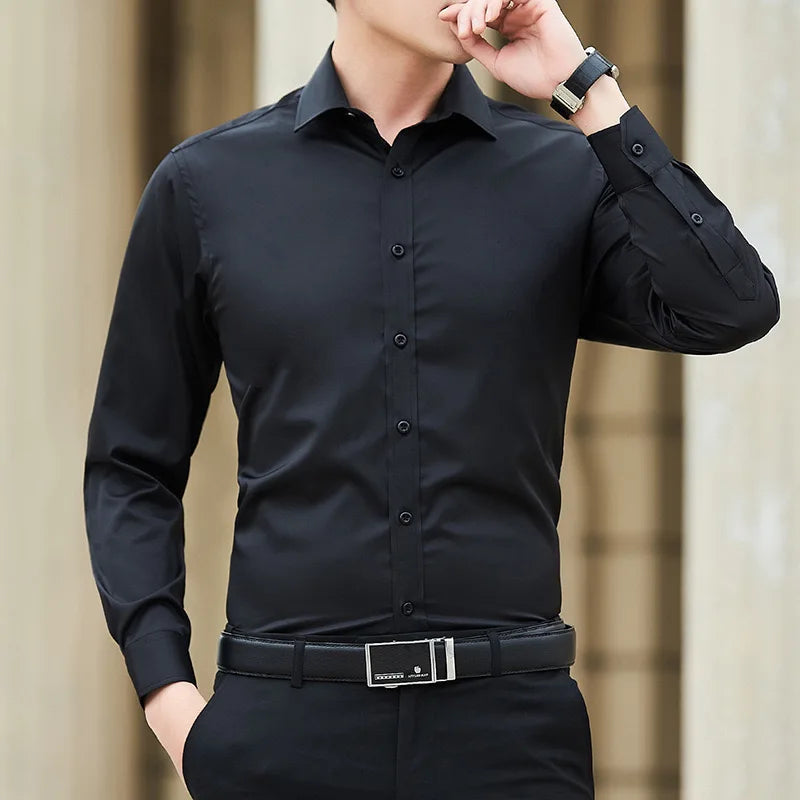 Einfarbiges Business-Casual-Formelles Hemd für Herren. Modisches, klassisches, schlankes, einfarbiges Langarmhemd, kein Bügeln, soziale Qualität
