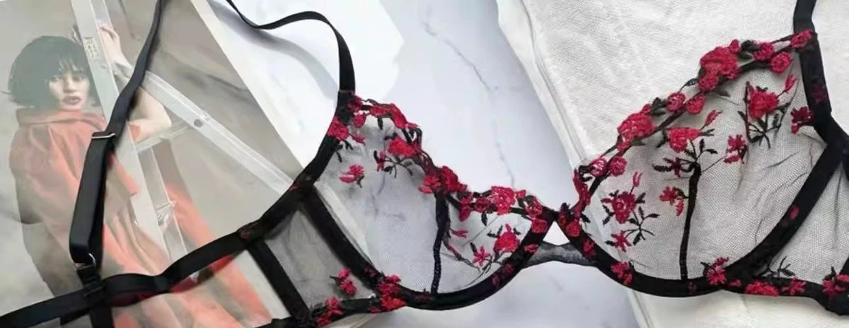 Französisches Blumen-BH-Set für Damen |   Süßes sexy transparentes Mesh-Spitze-Set, transparentes Unterwäsche-Set |   Praktisches und feminines MOYISU Sexy Höschen-Set