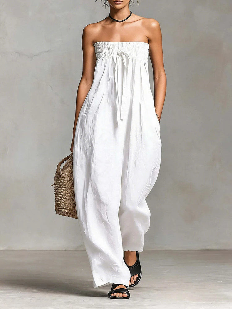 Damen Trägerloses Tube-Top Leinen-Jumpsuit mit Elastischem Gerafftem Oberteil, Sommerlicher Lässiger Ärmelloser Weiter Overall, Streetwear-Romper