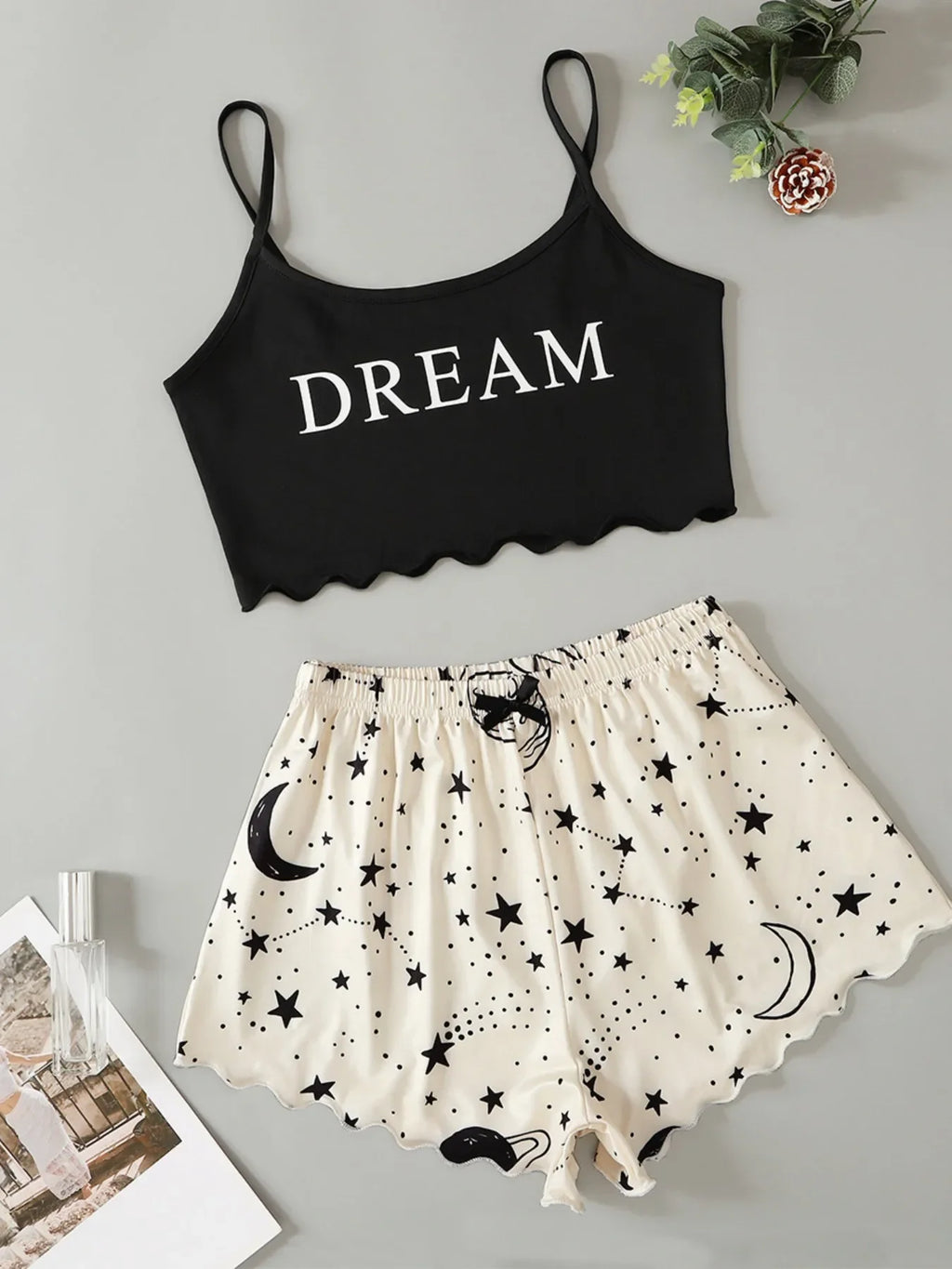 Damen-Nachtwäsche, Sommer-Pyjama-Set, Stern-Mond-bedruckt, ärmellos, Sling-Crop-Tops und Shorts, Set, Homewear, Loungewear