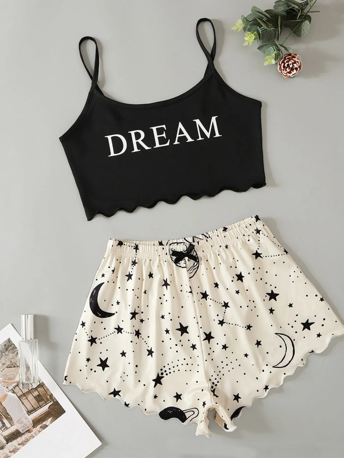 Damen-Nachtwäsche, Sommer-Pyjama-Set, Stern-Mond-bedruckt, ärmellos, Sling-Crop-Tops und Shorts, Set, Homewear, Loungewear