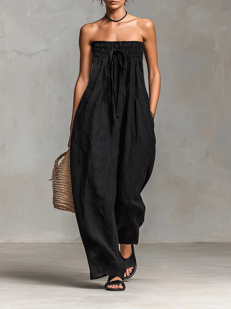 Damen Trägerloses Tube-Top Leinen-Jumpsuit mit Elastischem Gerafftem Oberteil, Sommerlicher Lässiger Ärmelloser Weiter Overall, Streetwear-Romper