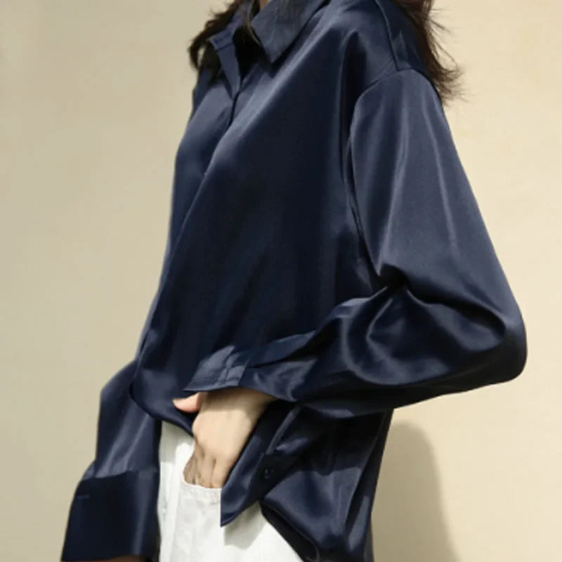 2026 frühling drehen-unten Kragen Damen Bluse Elegante Satin Lose Frauen Hemd Herbst Vintage Casual Taste Seide Tops