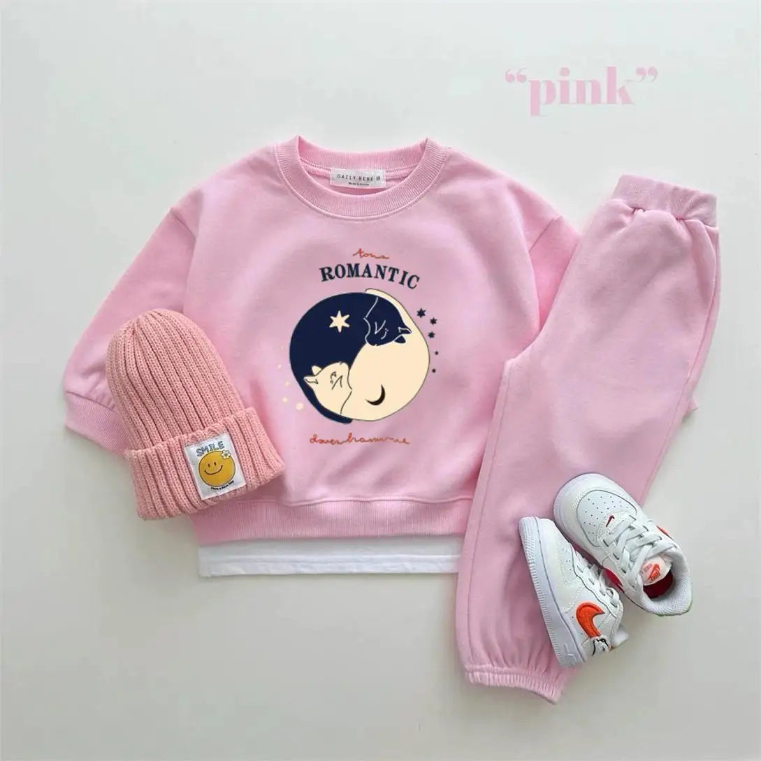 Cartoon-Print Sweatshirts+Hosen 2-teiliges Set Bedruckter Hoodie Weite Hosen Outfits für Jungen Mädchen Kleinkinder Neues Design Hoodie Weite Hosen