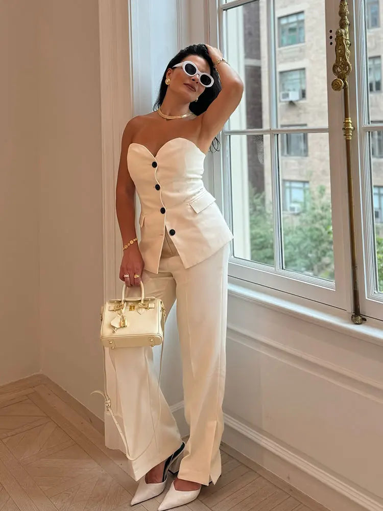 2024 Damen-Hosen-Set, einreihige Tasche, trägerlos, schmales Röhrenoberteil + wilde Damen-Hose mit geradem, weitem Bein und langer Hose, Straße
