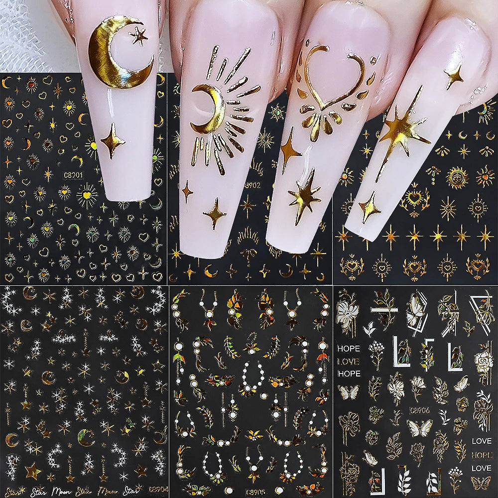 6 Stück 3D Blaue Herz-Nagelaufkleber Bronzierte Gold Silber Stern Mond Sonne Selbstklebende Slider Y2K Nagelkunst Abziehbilder Maniküre Dekoration