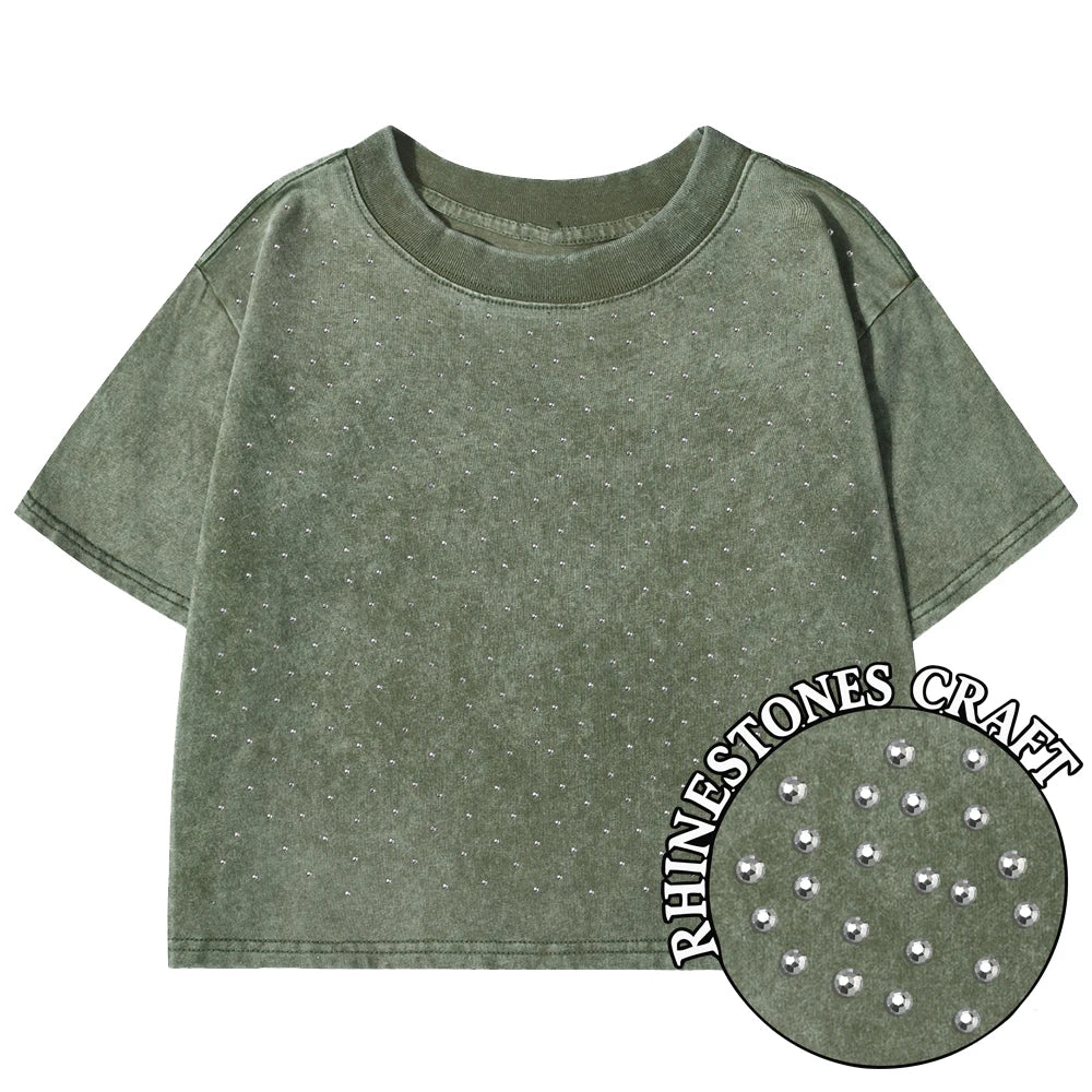 Einfarbiges Slim-Fit T-Shirt für Damen, Modisches Weiches Baumwoll-Shirt mit Strass-Verzierung, Kurzarm, Coole Kleidung für Frauen