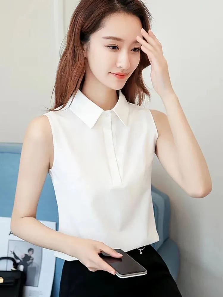 Büro-Arbeitskleidung für Damen Frühling-Sommer-Stil Chiffon-Blusen Hemden Lässige Ärmellose Blusas mit Umlegekragen Tops