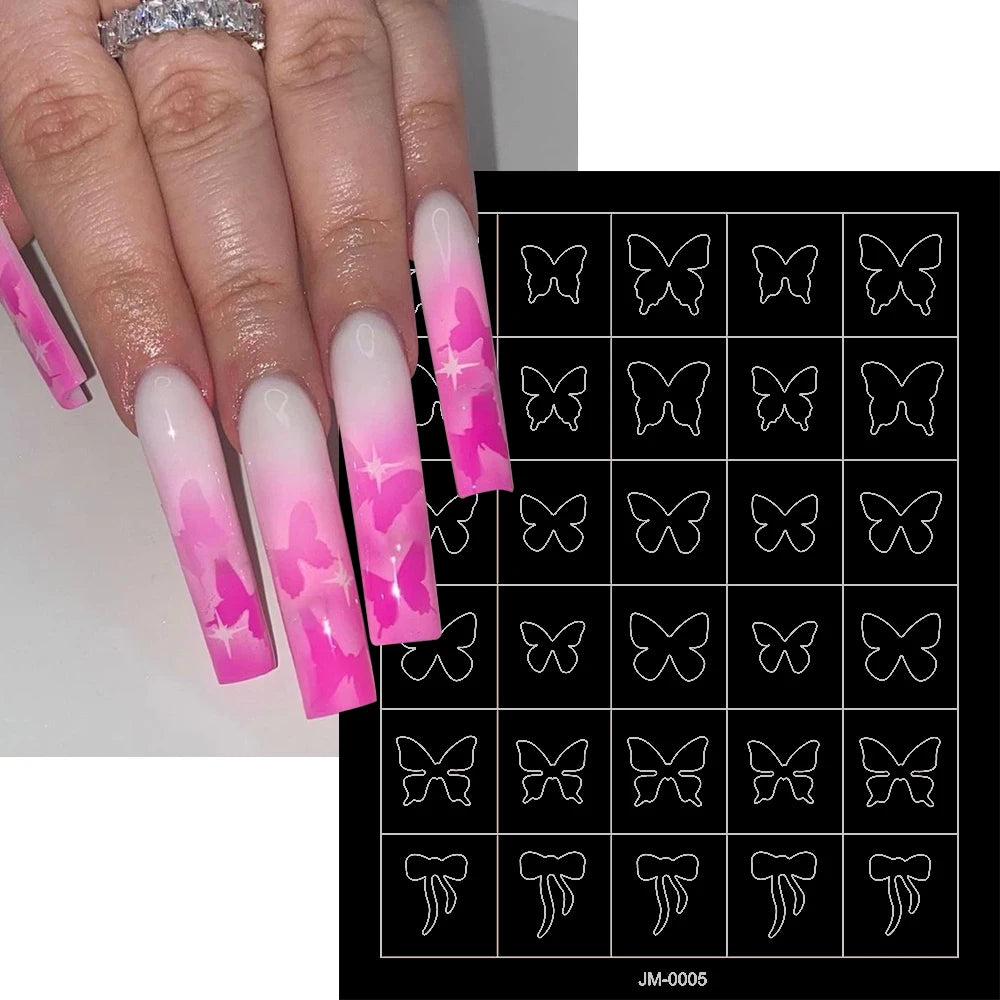 24 Muster Airbrush-Schablonen, Nagelkunst-Aufkleber, hohler Schmetterling/Blume/Schleife/Französische Liniendruckschablonen, Nagelaufkleber, DIY-Werkzeuge