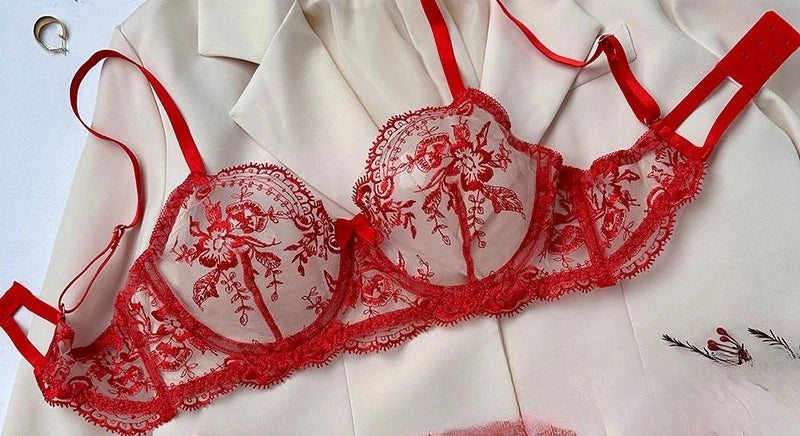Spitzen-Stickerei-BH-Set mit ultradünnen Cups, transparente Mesh-Nachtwäsche für Frauen mit großer Oberweite, S-XL, Push-up, 32-38