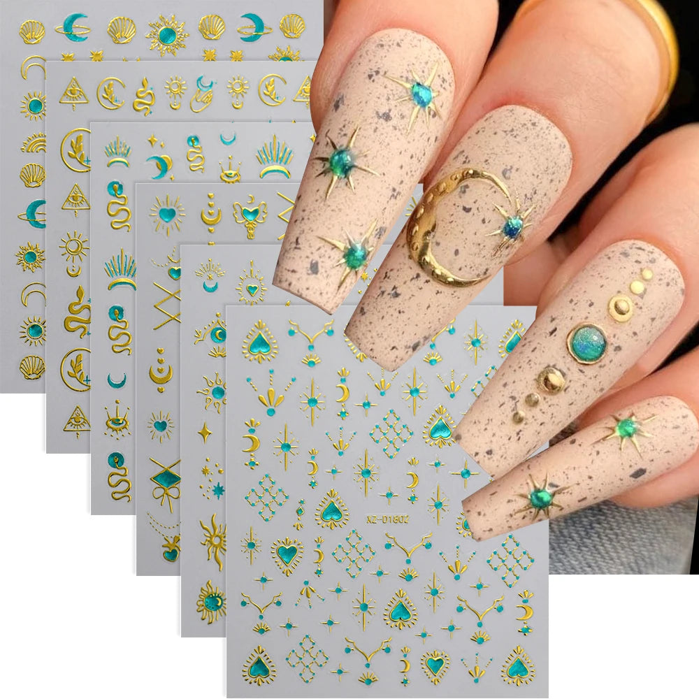 1 Stück Blauer Edelstein Stern Sonne Mond Nagelaufkleber 3D Böhmisches Sternenlicht Herz Schlange Selbstklebende Abziehbilder Französische Linien Streifen Maniküre Sliders