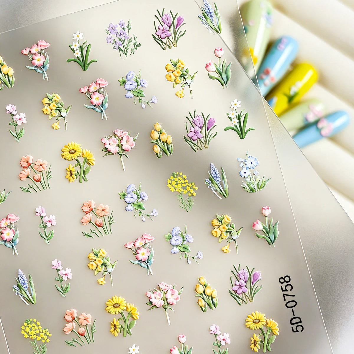 5D Geprägte Mehrkategorien-Blumen Nagelaufkleber Sonnenblume, Tulpe, Orchidee, Gras, Hyazinthe Design Nagelsticker DIY Frühlings-Blumendekoration