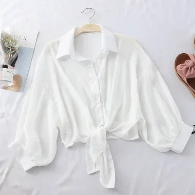 Chiffon-Hemden für Damen, 2022, Sommer, halbe Ärmel, geknöpftes Hemd, lockere lässige Bluse, Krawatte, Taille, elegante Blusen für Damen