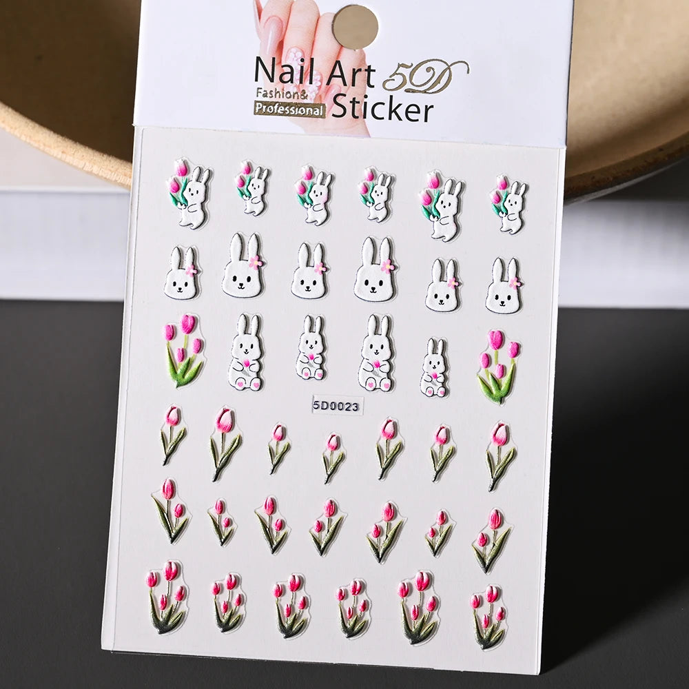 1Pc 5D Geprägte Kawaii Floral Schmetterling Nagel Aufkleber 3D Cartoon Bogen Kaninchen Erdbeere Klebe Aufkleber Urlaub Nagel Sliders