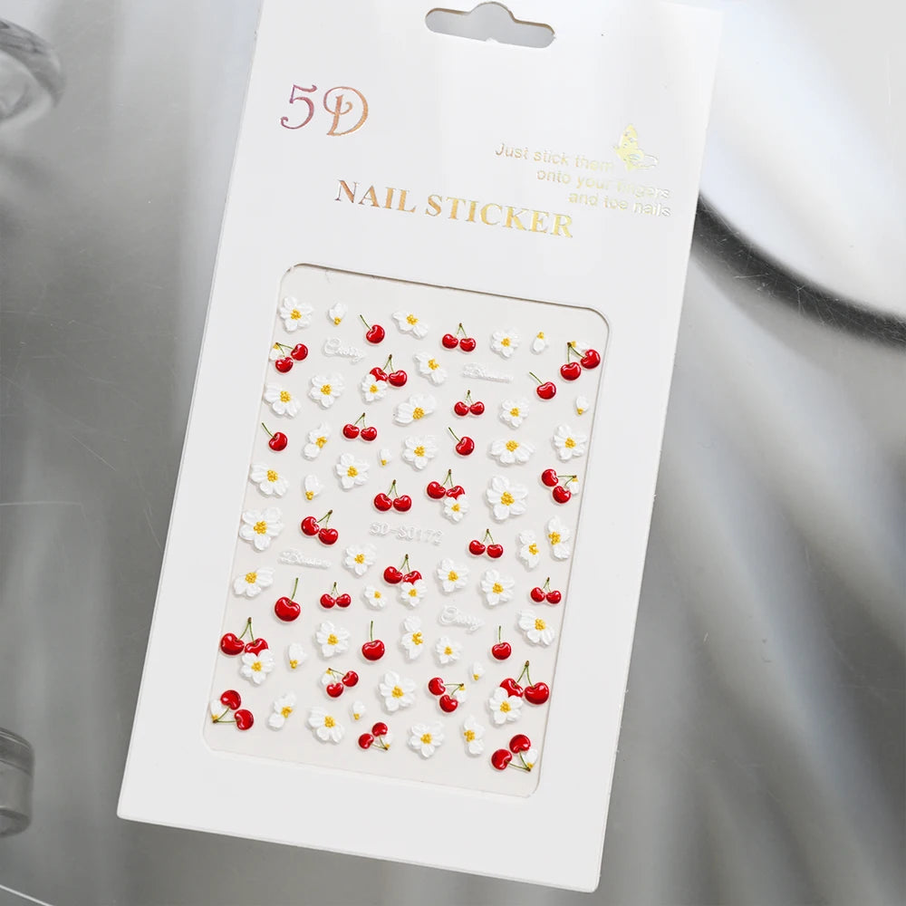 5D Frische Kirschblüten Nagelaufkleber Geprägte Frühlings-Blumen- und Fruchtdesigns DIY Süße Maniküre-Dekorationen