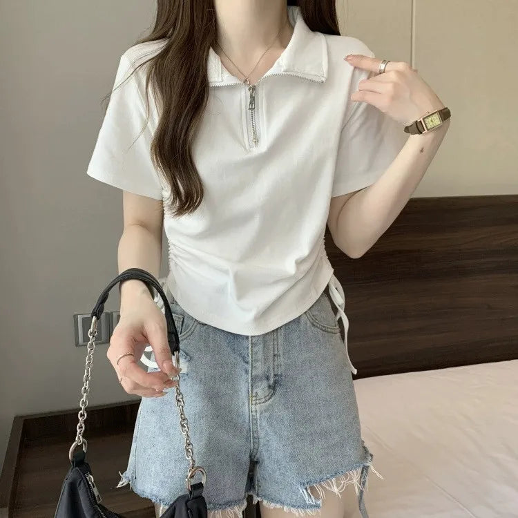 Damen Halbzip-Poloshirt Sommer Kurzarm Gerafftes Crop-Top mit Kordelzug Slim Fit Casual für Damen