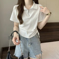 Damen Halbzip-Poloshirt Sommer Kurzarm Gerafftes Crop-Top mit Kordelzug Slim Fit Casual für Damen
