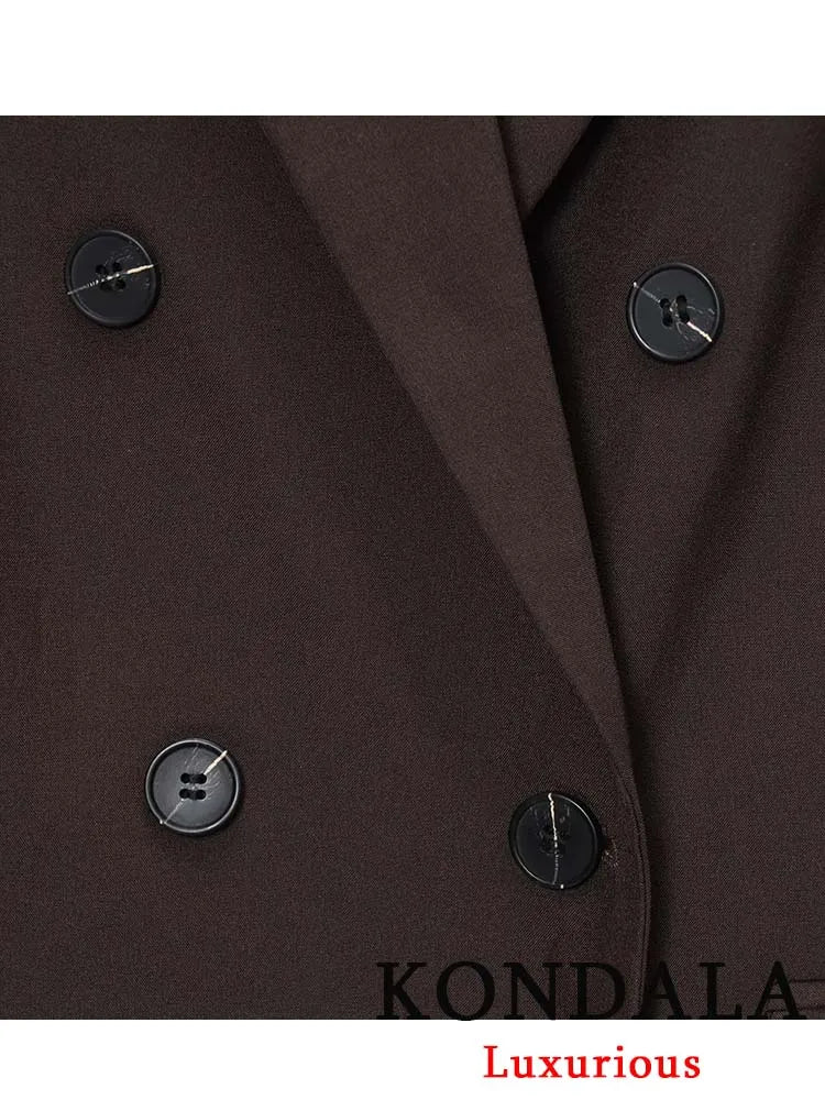 KONDALA Bürodame, schokoladenbraun, Damenanzüge, V-Ausschnitt, Doppelknopf, Blazer, Gürtel, Mini-Shorts, Rock, Mode, 2025, Vintage-Sets