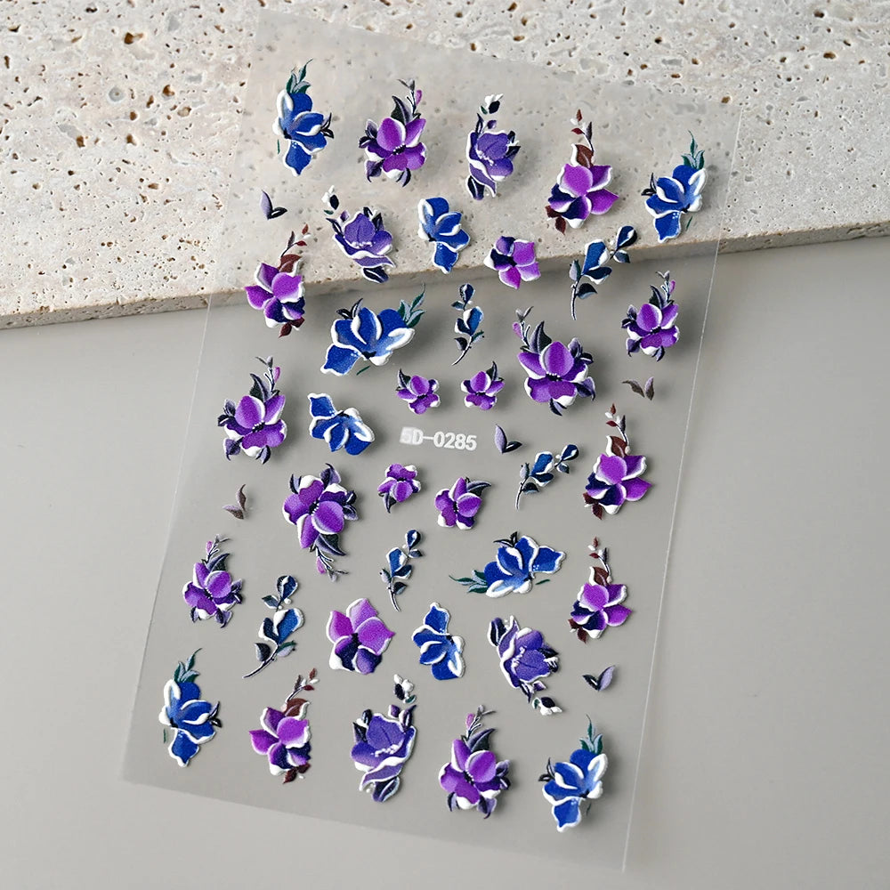 1 Stück 3D Lavendel Blumen Aufkleber für Nägel Frühling Sakura Blumenblätter Selbstklebende Slider Abziehbilder Kunst Maniküre für Dekoration