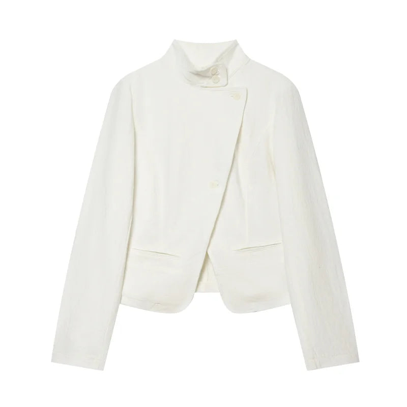 ETJ 2026 Neues Damen-Blazer-Shorts-Set mit hohem Kragen, asymmetrischer Knopfjacke, minimalistischem, maßgeschneidertem Co-Ord-Outfit