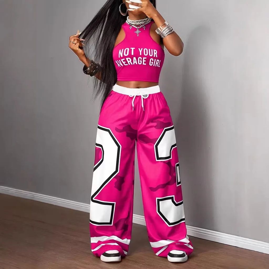Neues lässiges Sport-Streetwear-Set mit bedruckter Weste und weiter Hose, zweiteilig.
