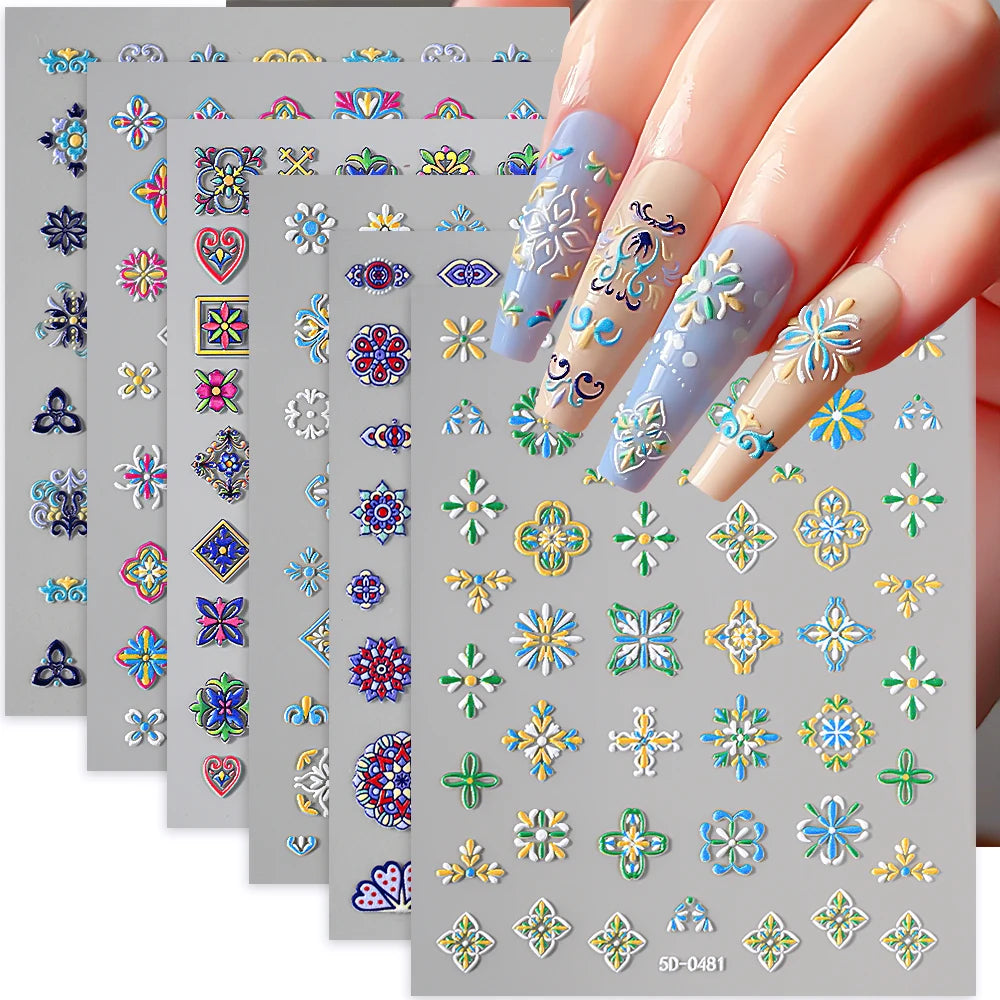 5D geprägte elegante böhmische Blumen Nail Art Aufkleber Spitze Blume Totem Nagel Aufkleber Aufkleber selbstklebende böhmische Maniküre Decot
