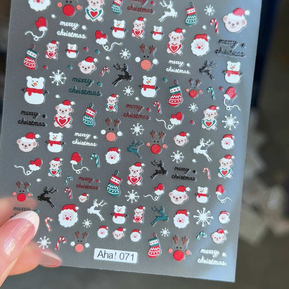 1 stücke 3D Weihnachten Santa Claus Schneeflocke Nagel Aufkleber Winter Weihnachten Nette Cartoon Schneemann Bär Elch Nagel Aufkleber Weihnachten Nagel decora
