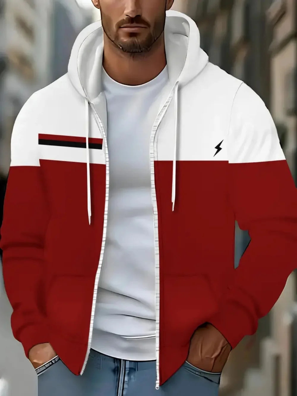 Lässiges, gestreiftes Herren-Sweatshirt mit Kapuze und durchgehendem Reißverschluss, Outdoor-Kleidung, glatte Kapuzentaschen mit Kordelzug, einfache gestreifte Sportbekleidung für Herren