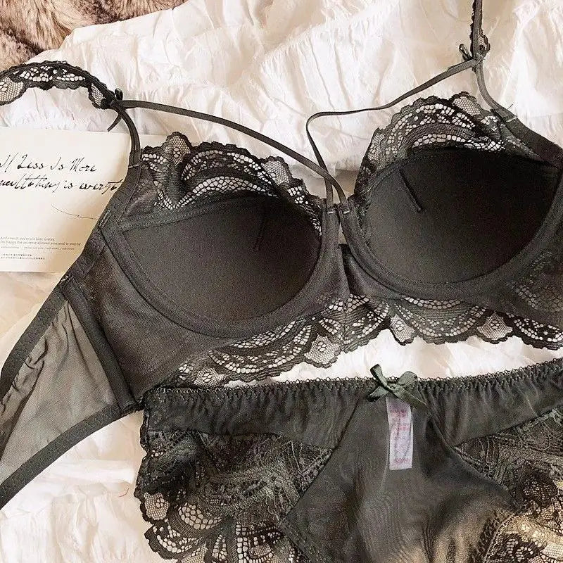 MOYISU Sexy Spitzen-Bralette-Set, kleine Brüste, französisches Design, abnehmbare Träger mit dünnen Push-Up-Pads, weiche Bügel-BH-Abdeckung, Oberteil AB