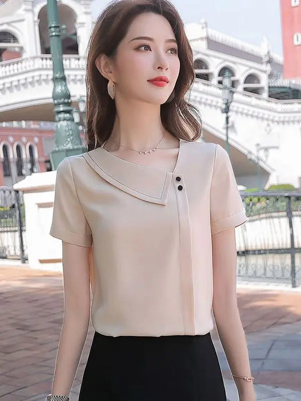 Frauen Frühling Sommer Stil Chiffon Blusen Shirts Dame Casual Asymmetrische Kragen Kurzarm Chiffon Blusas Tops DF4028
