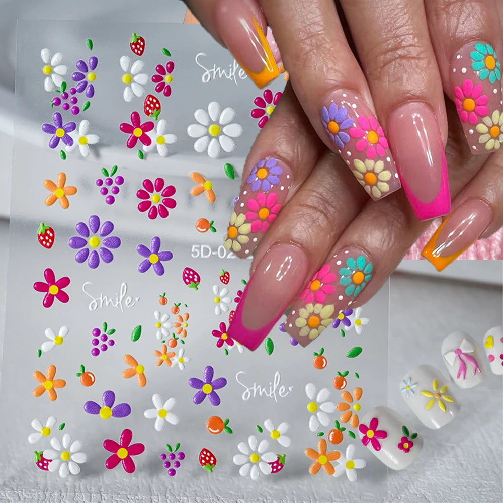 1 stücke 5D Nette Bunte Gänseblümchen Nail art Aufkleber Frühling Blumen Tulpe Weiß Gänseblümchen Nagel Aufkleber Sommer Blüte Floral Maniküre decora