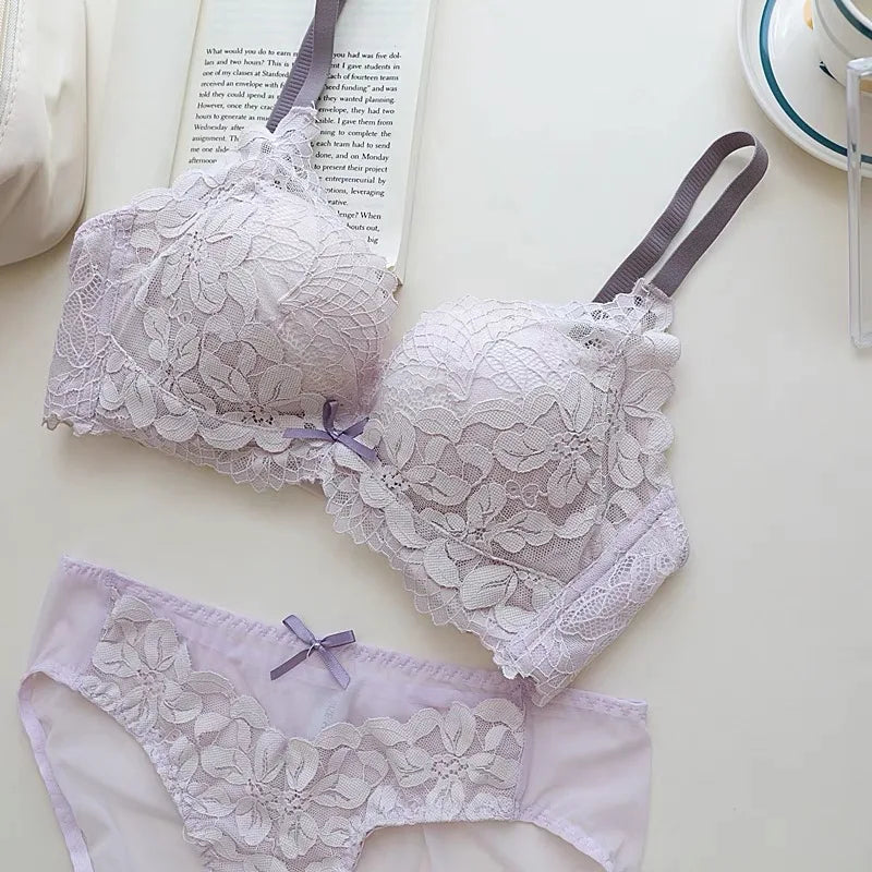 Spitzen-BH-Set im japanischen Stil für Damen, kleine Büste, Push-Up-Lift, verstellbar, Anti-Durchhängen, seitliche Unterstützung, kein Lücke, kabellos, luxuriöser Komfort AB