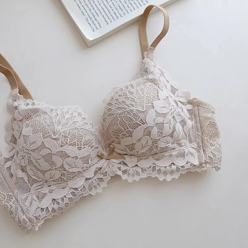 Spitzen-BH-Set im japanischen Stil für Damen, kleine Büste, Push-Up-Lift, verstellbar, Anti-Durchhängen, seitliche Unterstützung, kein Lücke, kabellos, luxuriöser Komfort AB