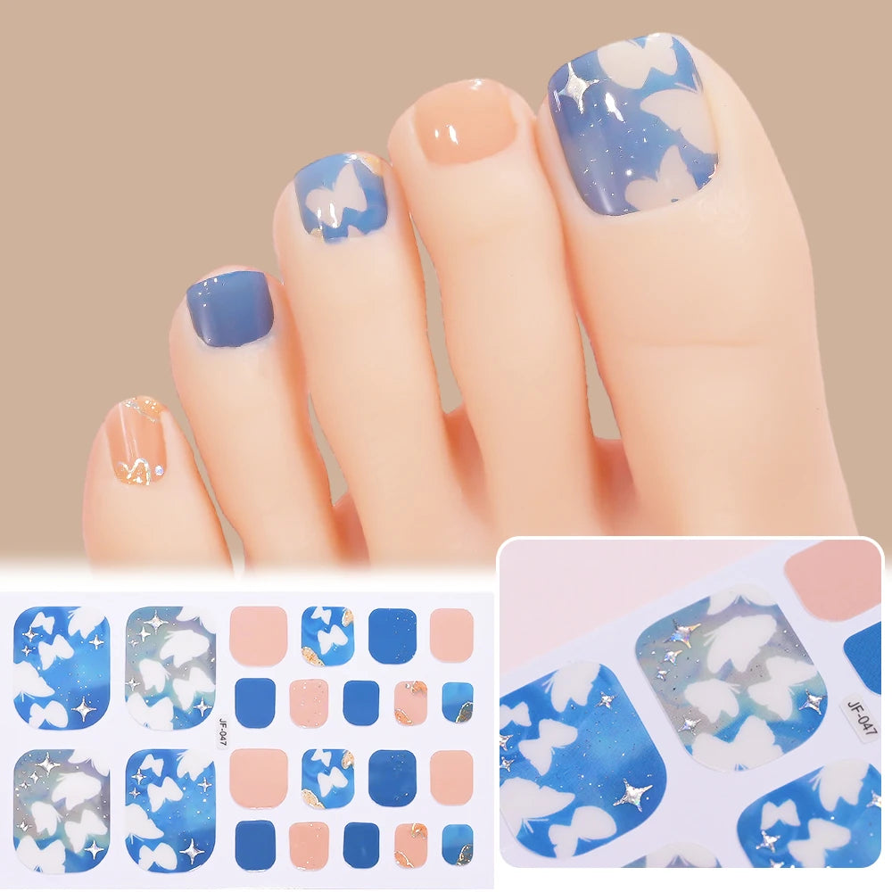 22 Tipps goldene Glitzer-Nagelaufkleber für Füße, 5 Farben, 11 Größen, vollständige Abdeckung, Fußkunst-Aufkleber, einfach zu erreichen, Zehen-Maniküre-Dekoration