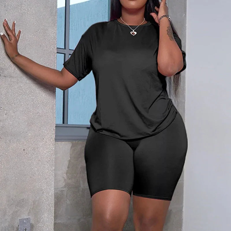 Eng Anliegende Damen Kurzen Anzug Sommer Einfarbig T-shirt Kurze Zwei Stück Set Casual Jogging Kleidung Sport Frau Outfits 2025