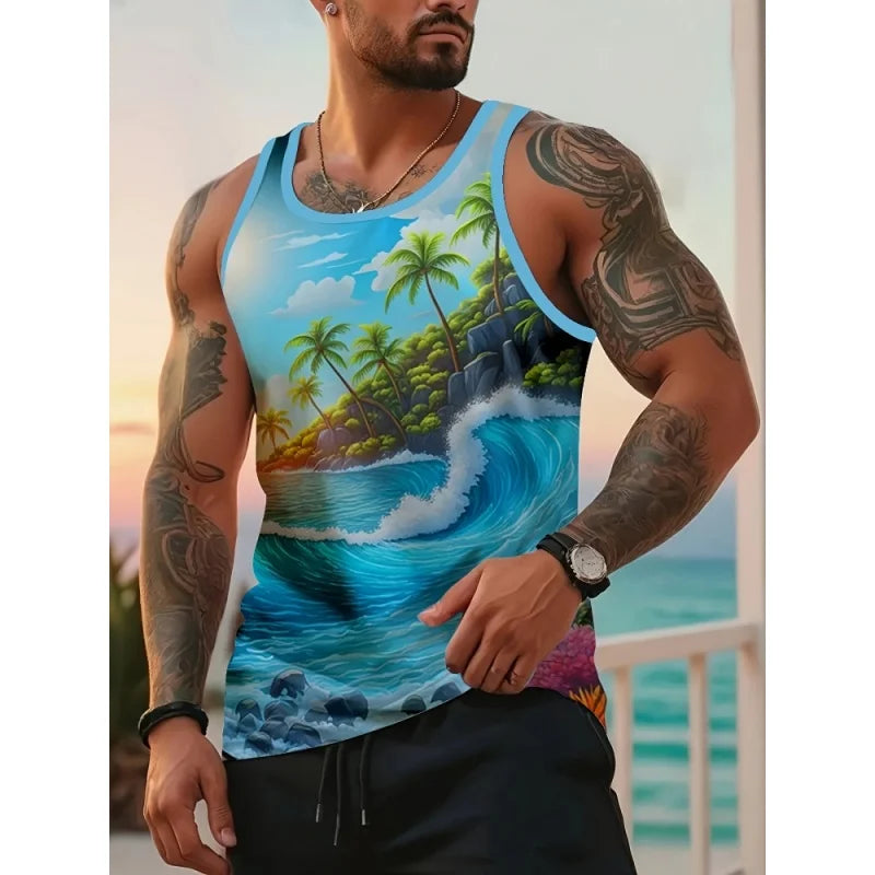 3D Gedruckt Hawaiian Obst Tank Tops Für Männer Kokospalmen Muster Tees Sommer Lose Urlaub Straße Sport Tops Rundhals Weste